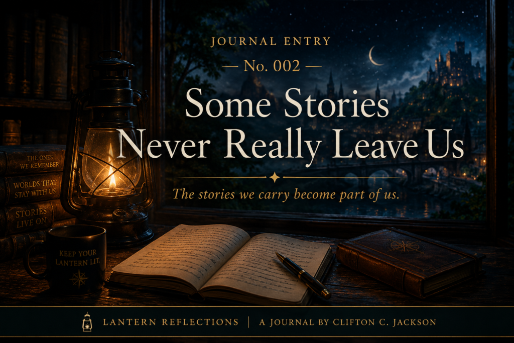 Warm lantern illuminating an open journal beside books and a pen, overlooking a moonlit fantasy city, for Journal Entry No. 002, “Some Stories Never Really Leave Us.”
