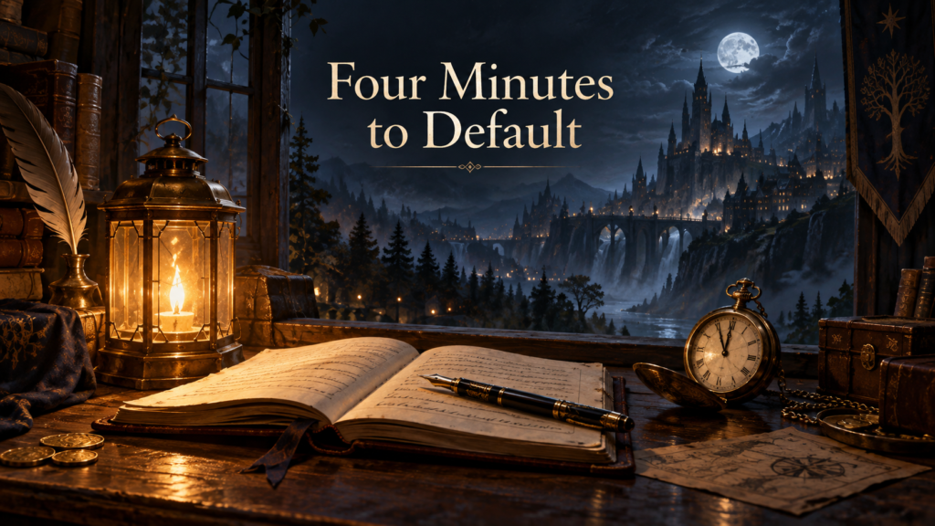 Warm lantern light illuminates an open journal, fountain pen, and pocket watch beneath the title “Four Minutes to Default,” with a moonlit fantasy city beyond the window.